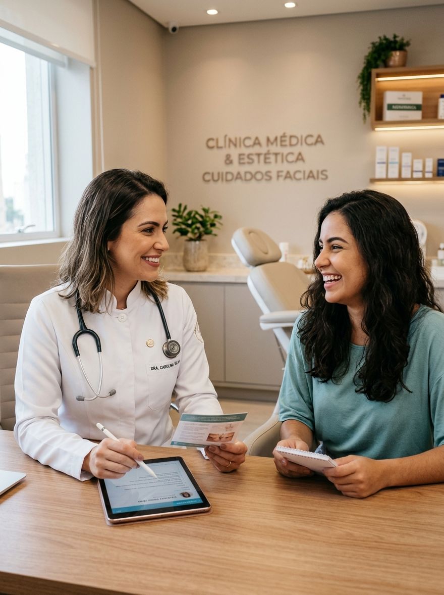 Médica conversa com uma paciente sorridente no consultório