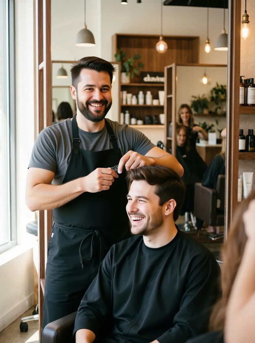 Cabeleireiro penteia um cliente sorridente em um salão
